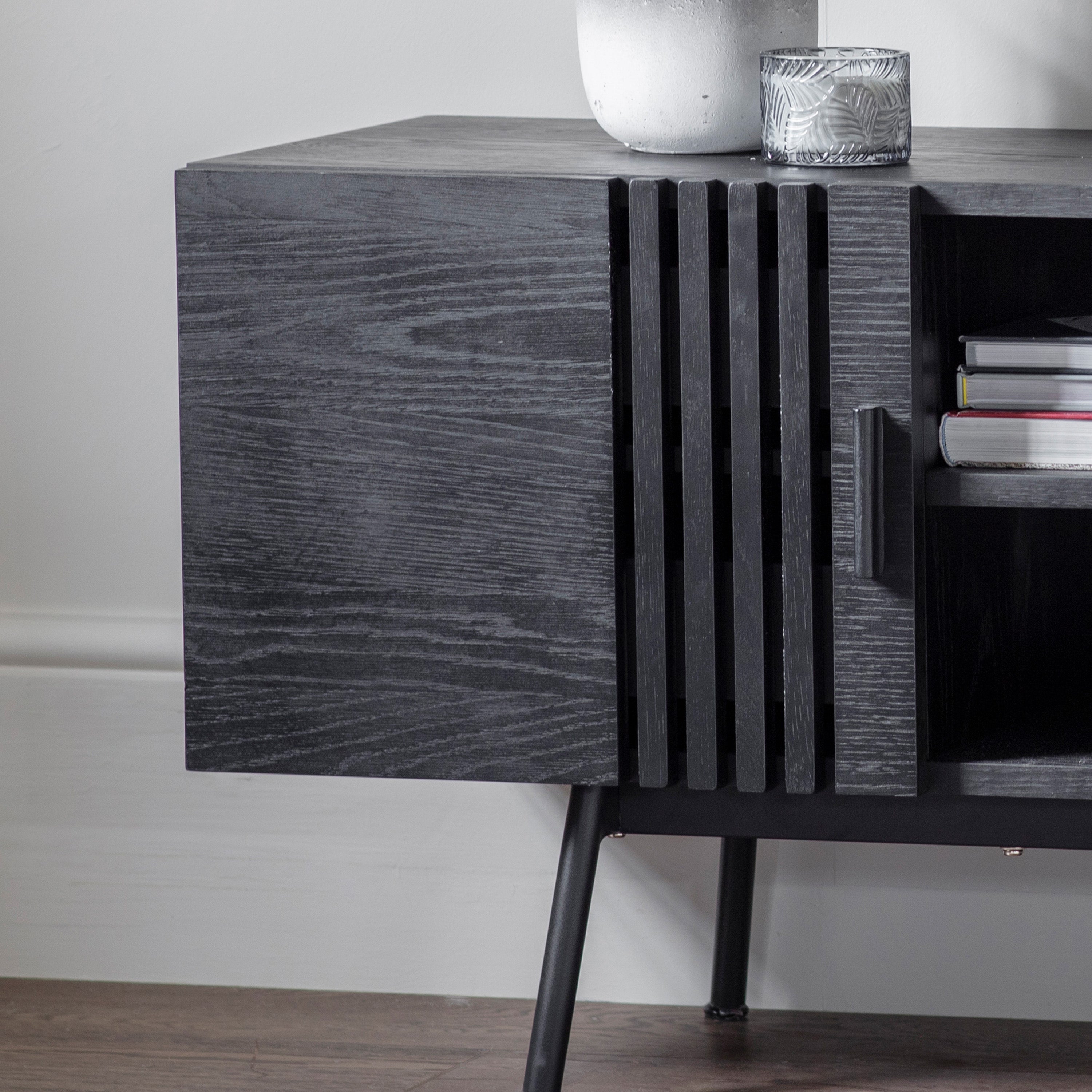 Parque Slatted Design Black Oak Wood TV Unit